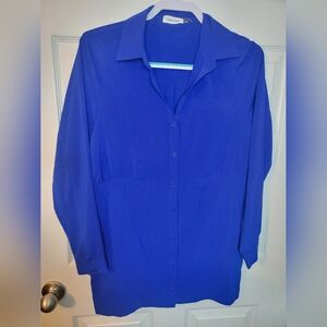 Calvin Klein Dress Shirt Womans Size 10P Blue Button Up Professional Office Work